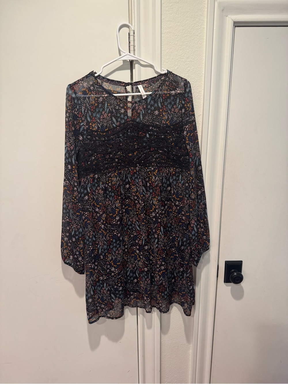 Sheer Black Floral Dress with Lace Yoke